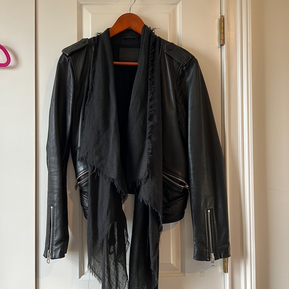 All Saints black leather jacket with wool scarf connected